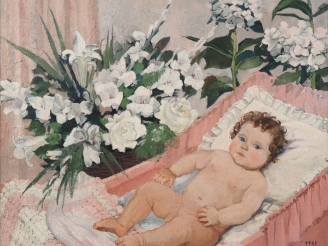 Vente aux enchères Suzanne REY de JAEGHER.  "Bébé dans son berceau entouré de fleurs".  H
