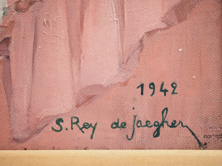 Suzanne REY de JAEGHER.  "Bébé dans son berceau entouré de fleurs".  H