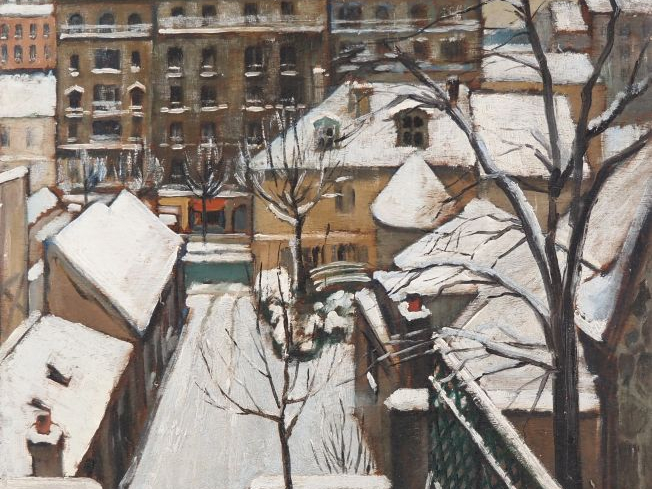 Suzanne REY de JAEGHER.  "Paris sous la neige".  Huile sur panneau, si