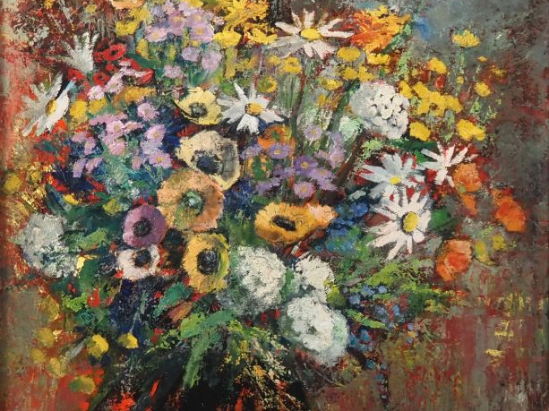Suzanne REY de JAEGHER.  "Bouquet de fleurs d'été dans un vase" Huile 