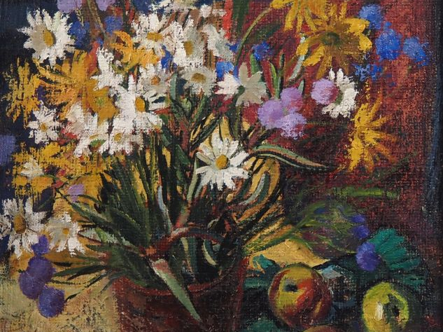 Suzanne REY de JAEGHER.  "Nature morte aux fleurs et aux fruits".  Hui