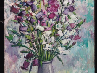 Vente aux enchères Suzanne REY de JAEGHER.  "Bouquet de fleurs" Huile sur panneau, signée