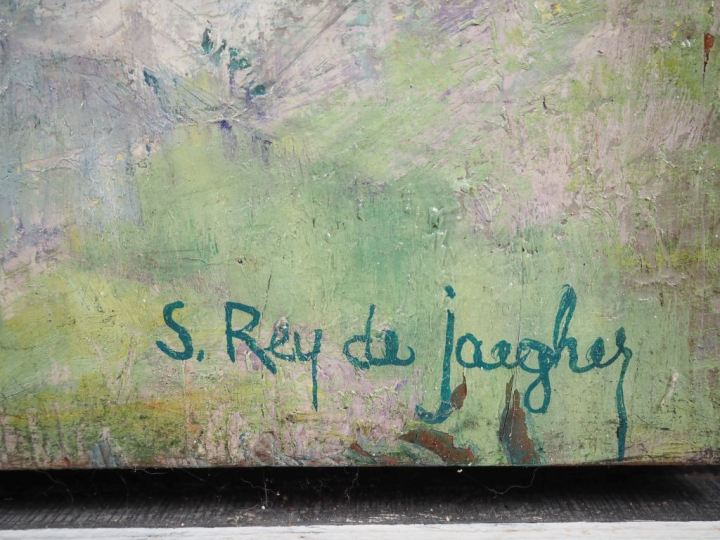 Suzanne REY de JAEGHER.  "Bouquet de fleurs" Huile sur panneau, signée