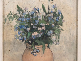 Vente aux enchères Suzanne REY de JAEGHER. "Bouquet de fleurs bleues dans une cruche en t
