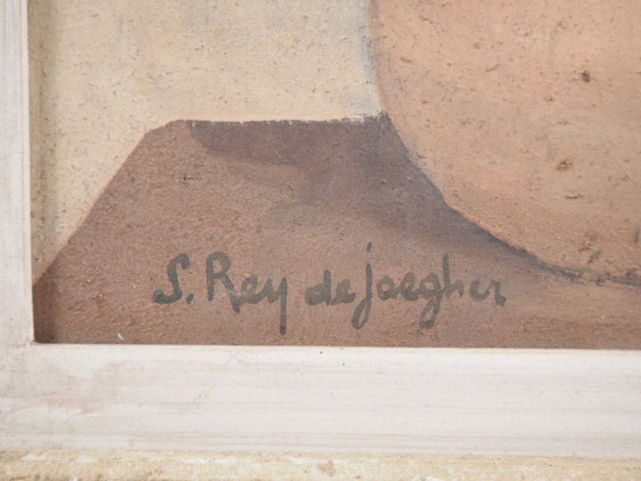 Suzanne REY de JAEGHER. "Bouquet de fleurs bleues dans une cruche en t