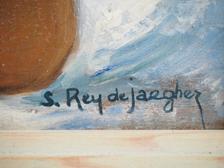 Suzanne REY de JAEGHER. "Nature morte aux pommes et aux poires".  Huil