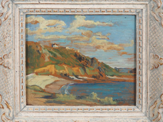 Vente aux enchères Suzanne REY de JAEGHER.  "La côte sauvage ".  Huile sur panneau, signé