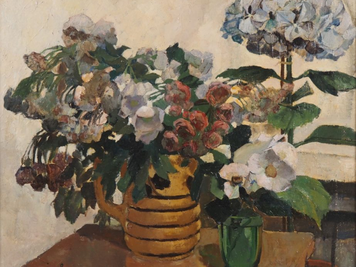 Suzanne REY de JAEGHER. "Nature morte aux fleurs".  Huile sur toile, s