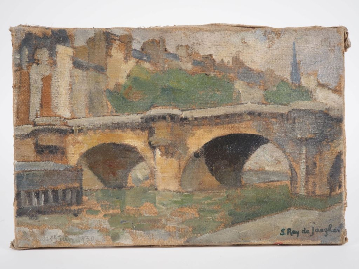 Suzanne REY de JAEGHER. "Le vieux pont".  Huile sur toile, signée en b
