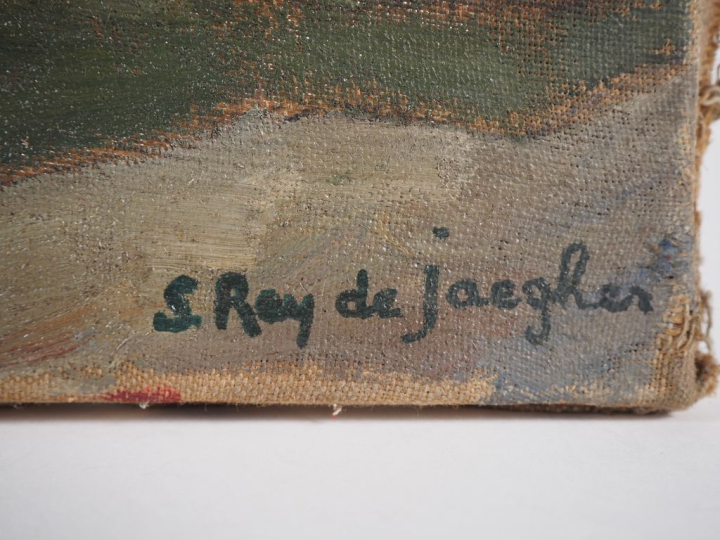 Suzanne REY de JAEGHER. "Le vieux pont".  Huile sur toile, signée en b