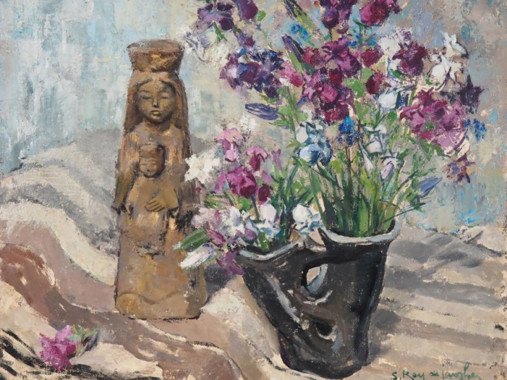 Suzanne REY de JAEGHER.  "Bouquet à la Vierge".  Huile sur panneau, si