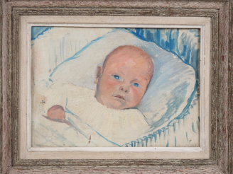 Vente aux enchères Suzanne REY de JAEGHER.  "Portrait de bébé".  Huile sur carton, signée