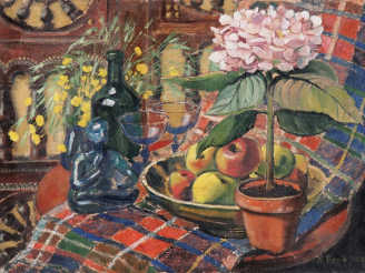 Vente aux enchères Suzanne REY de JAEGHER.  "L'Hortensia".  Huile sur toile, signée en ba