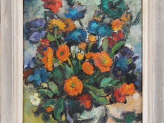 Vente aux enchères Suzanne REY de JAEGHER.  "Bouquet de fleurs".  Huile sur toile, signée