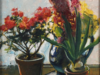 Vente aux enchères Suzanne REY de JAEGHER.  "Nature morte aux fleurs".  Huile sur panneau