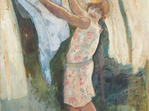 Paul MANAUT.  "Jeune fille étendant le linge" Huile sur toile, non sig