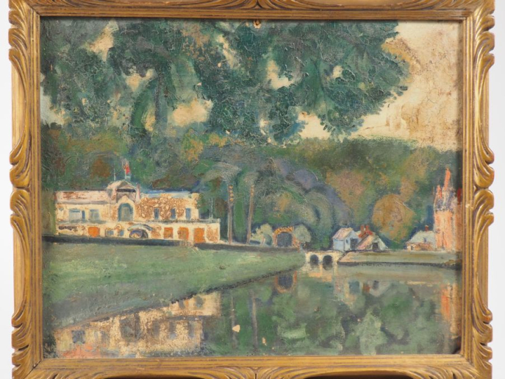 Paul MANAUT.  "Jeune fille étendant le linge" Huile sur toile, non sig