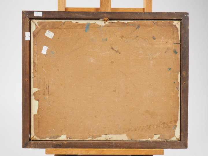 Paul MANAUT.  "Jeune fille étendant le linge" Huile sur toile, non sig