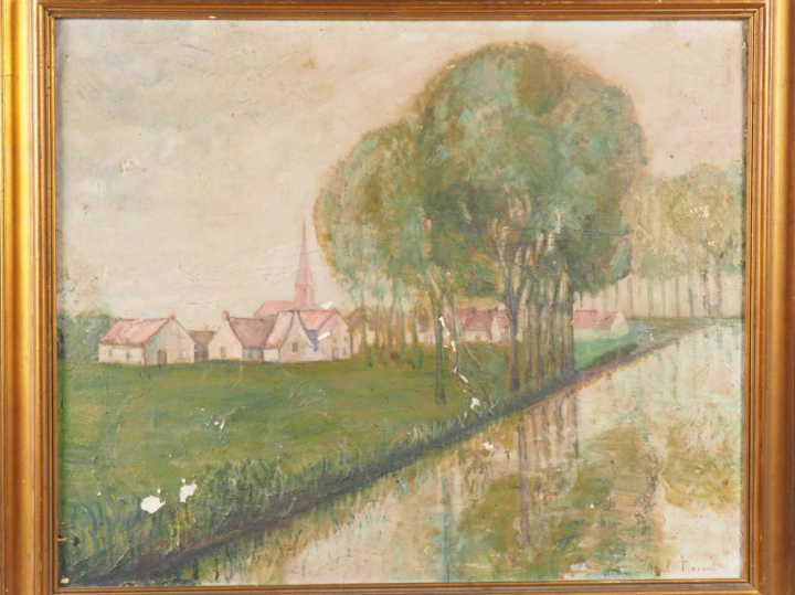 Paul MANAUT.  "Village en bordure de rivière" Huile sur toile, signée 