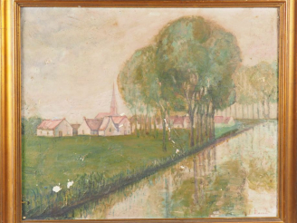 Vente aux enchères Paul MANAUT.  "Village en bordure de rivière" Huile sur toile, signée 