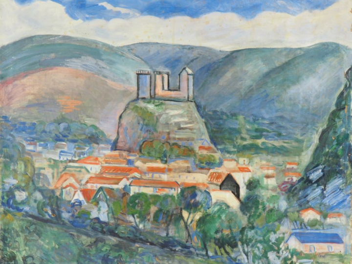 Paul MANAUT.  "Village en bordure de rivière" Huile sur toile, signée 