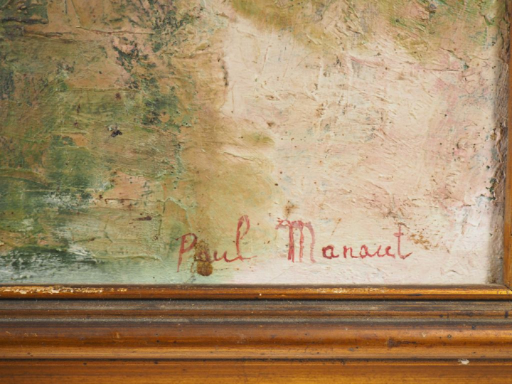 Paul MANAUT.  "Village en bordure de rivière" Huile sur toile, signée 