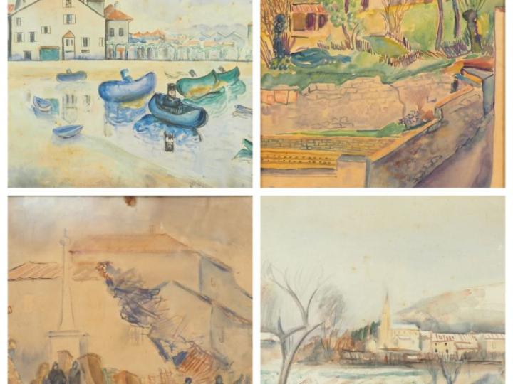 Paul MANAUT.  4 différentes aquarelles "marché aux puces", "village", 