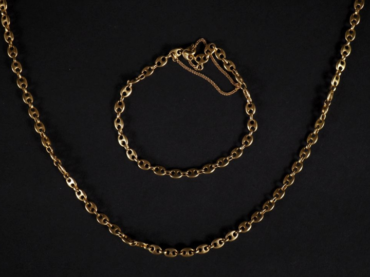 Collier et bracelet en or 750, maille grain de café, chainette de sécu