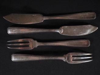 Vente aux enchères 6 couverts à poisson en argent 925, modèle à filet de style Art Déco P