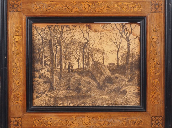 Paire d'encadrements en marqueterie italienne et bois noirci contenant