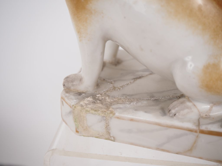 4 sujets en porcelaine de Saxe. "carlins assis"  H. 12 cm (petits acci