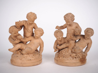 Vente aux enchères Paire de groupes en terre cuite 1900 "allégorie de l'automne et de l'é