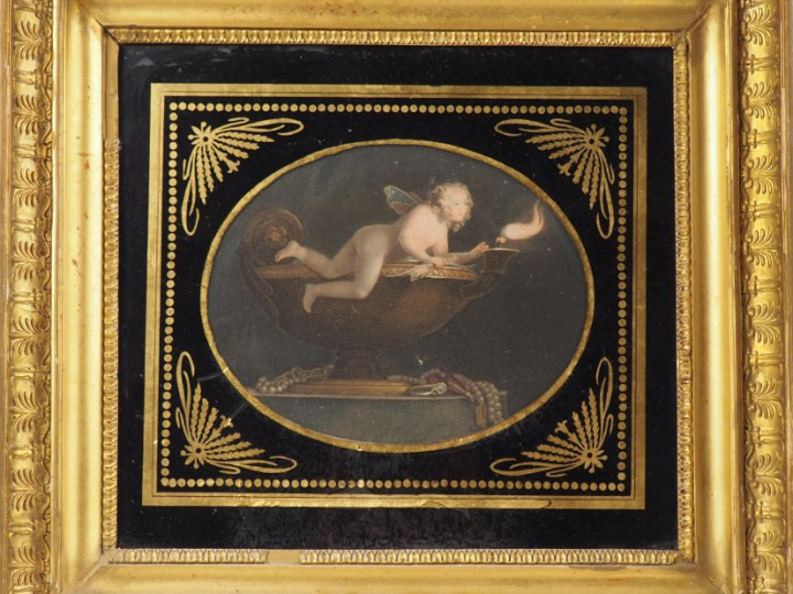 4 gravures en couleur début XIXème dans des cadres en stuc doré et ver
