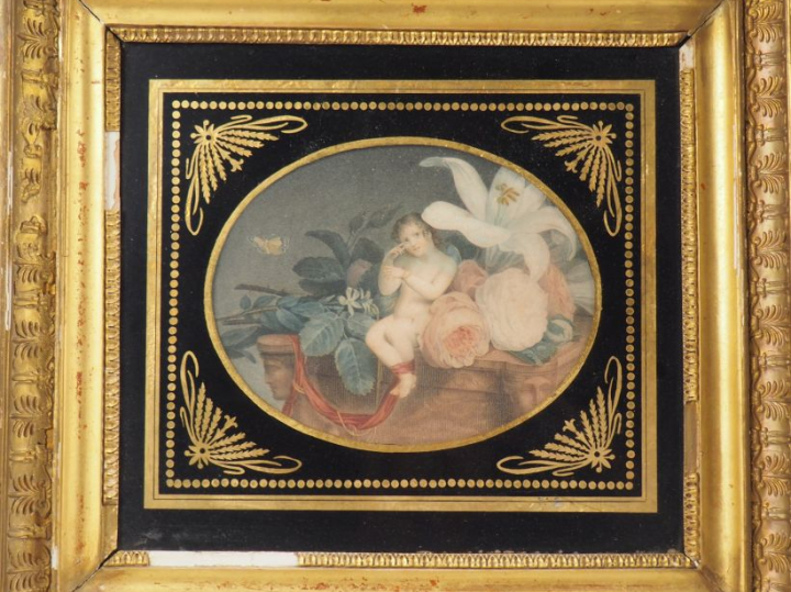 4 gravures en couleur début XIXème dans des cadres en stuc doré et ver
