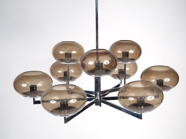 Lustre en métal chromé éclairant à 9 lumières, tulipes en verre fumé H