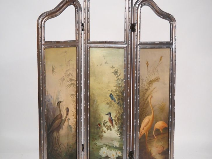 Paravent 1900 à trois brins, toiles peintes à décor d'oiseaux , montan
