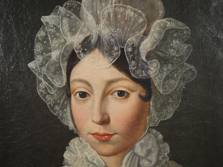 Ecole française début XIXème. "Portrait de jeune fille au châle". Huil