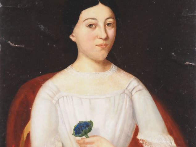 Ecole française XIXème. "Portrait de jeune fille à la fleur bleue". Hu