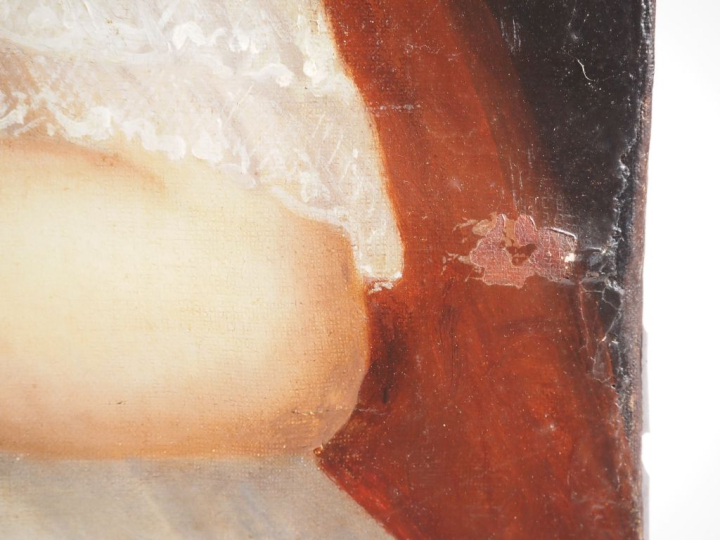 Ecole française XIXème. "Portrait de jeune fille à la fleur bleue". Hu