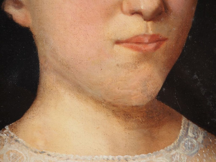Ecole française XIXème. "Portrait de jeune fille à la fleur bleue". Hu