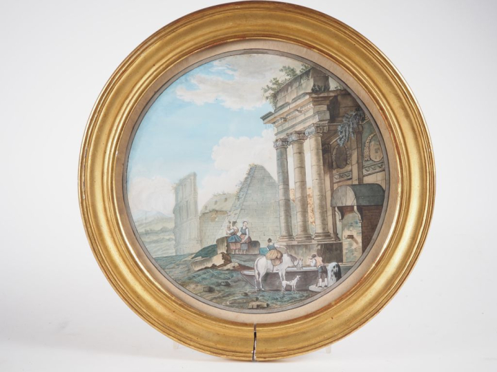 Ecole française XIXème. "Paysage de ruine animé". Aquarelle en tondo. 