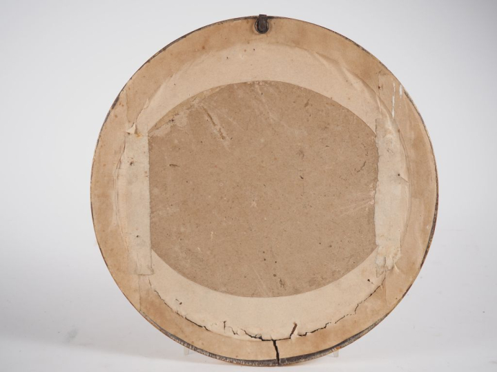 Ecole française XIXème. "Paysage de ruine animé". Aquarelle en tondo. 