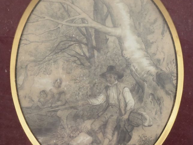 Ecole française XIXème. "Pêcheur en bord de rivière". Dessin Dim. (à v