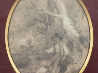 Vente aux enchères Ecole française XIXème. "Pêcheur en bord de rivière". Dessin Dim. (à v