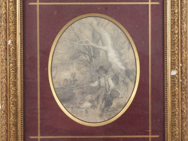 Ecole française XIXème. "Pêcheur en bord de rivière". Dessin Dim. (à v