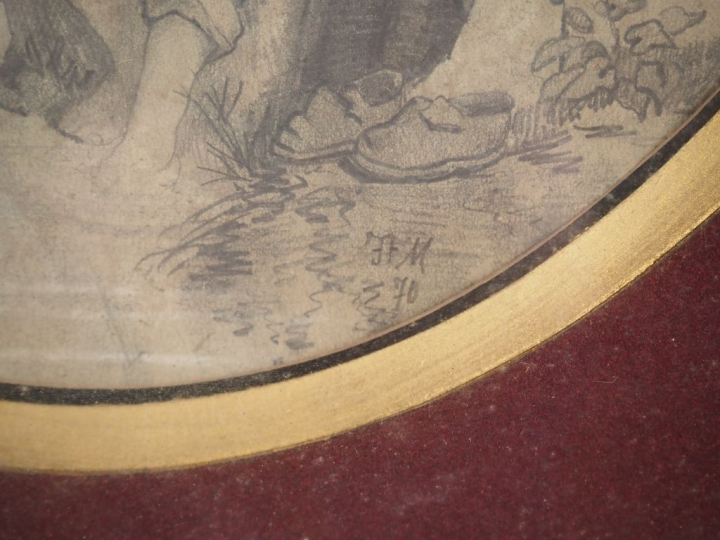 Ecole française XIXème. "Pêcheur en bord de rivière". Dessin Dim. (à v