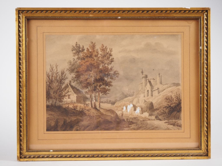 Ecole française XIXème. "Paysages animés". Paire d'aquarelles réhaussé