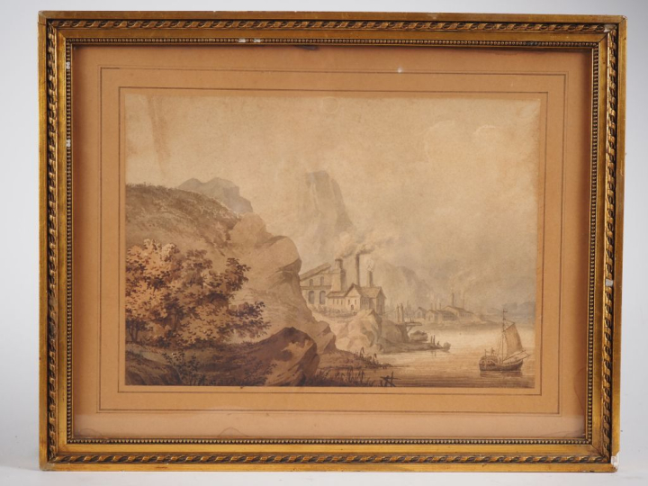 Ecole française XIXème. "Paysages animés". Paire d'aquarelles réhaussé