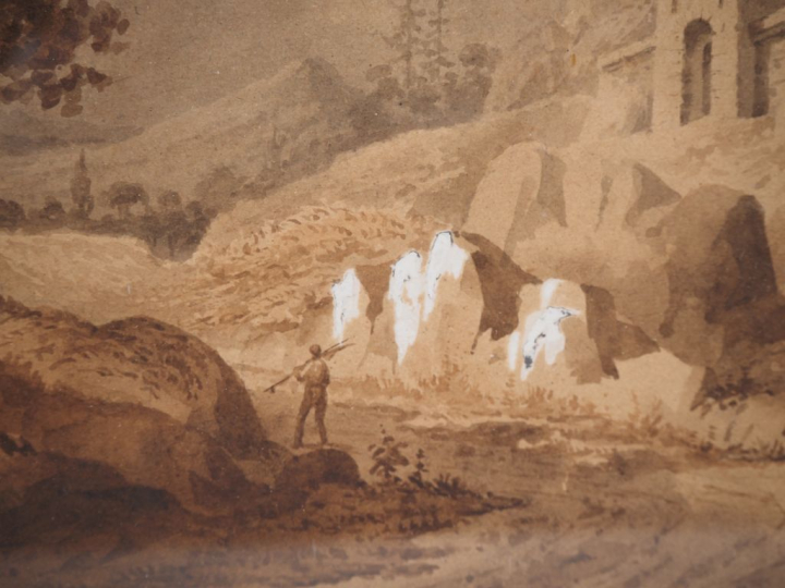 Ecole française XIXème. "Paysages animés". Paire d'aquarelles réhaussé