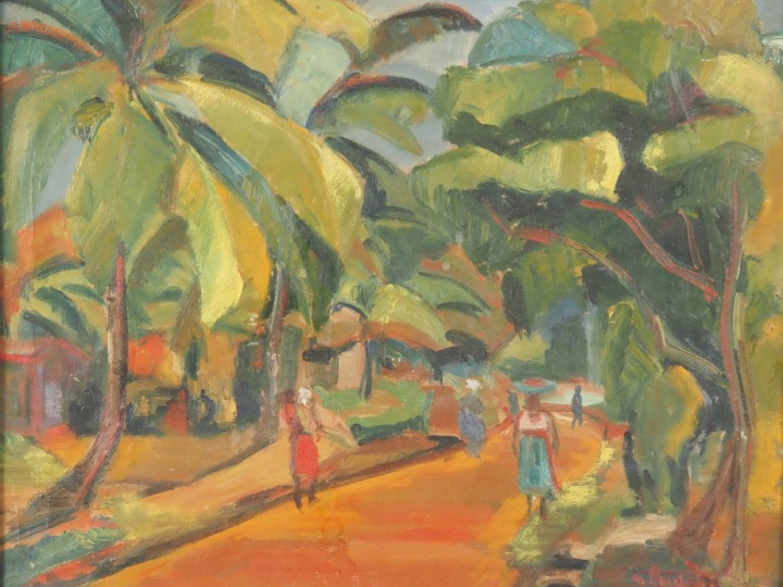 AUGERE. "Paysage animé exotique" Huile sur isorel, signée en bas à dro